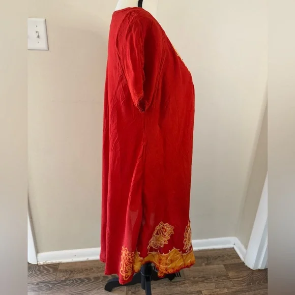S.R. Fashions red embroidered gauzy midi dress free size - Picture 2 of 13